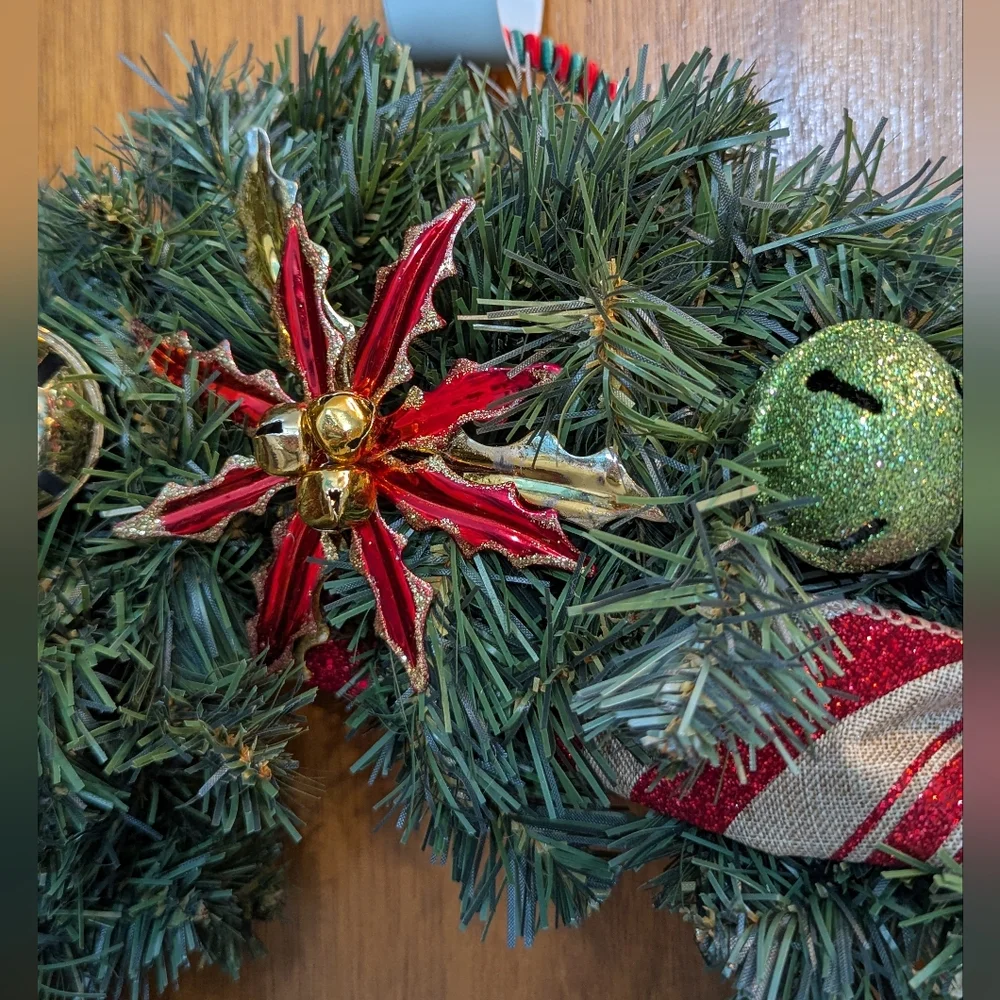 Holiday Wreath with Red, Green, And Gold Bells